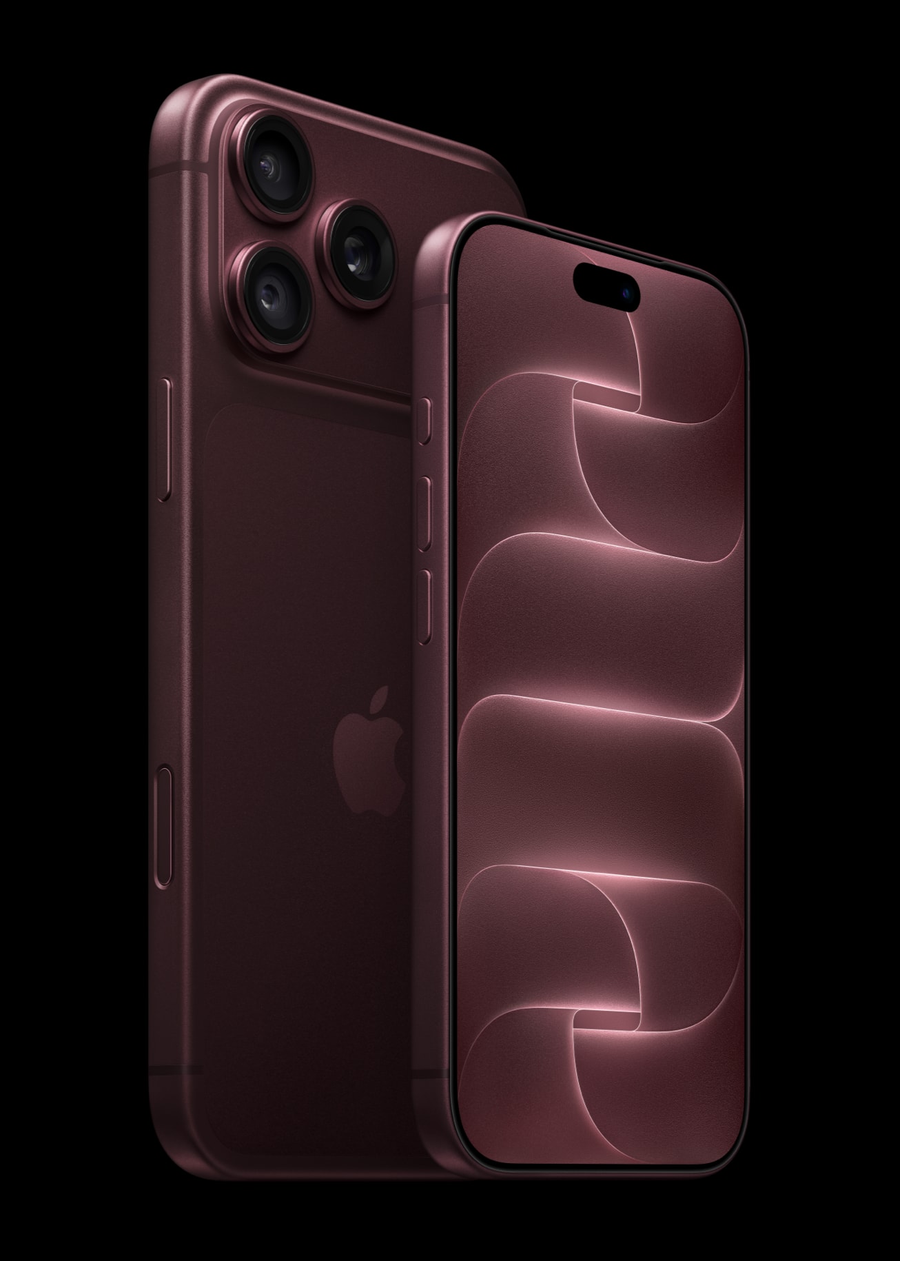 Burgundy iPhone 18 Pro shown from the front beside the rear of iPhone 18 Pro Max